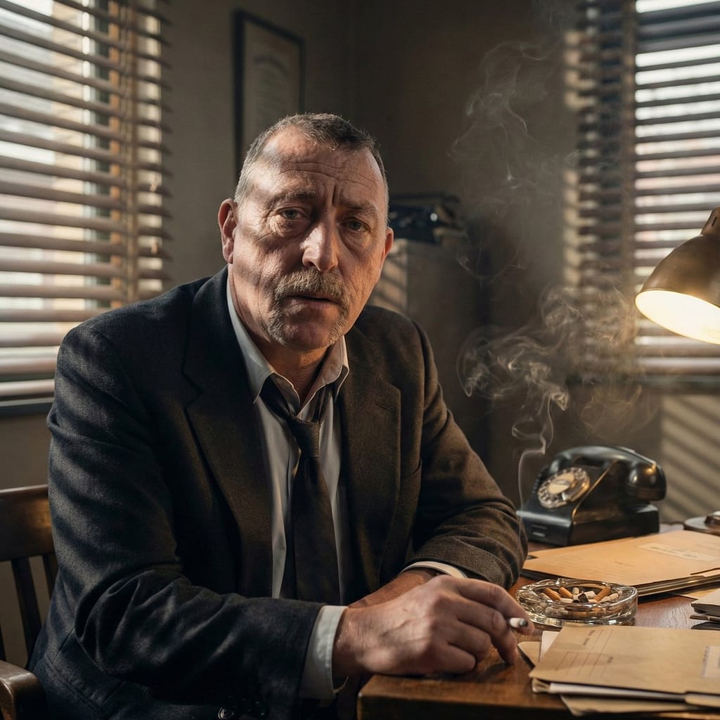 Atmospheric historical setting of an older man smoking at a desk in a dim 19th-century office