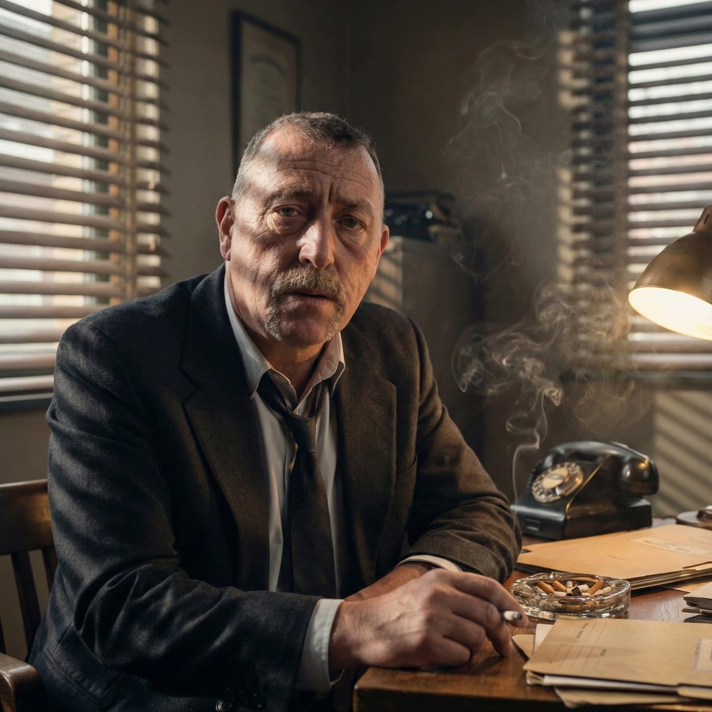 Older man smoking at desk in dim office
